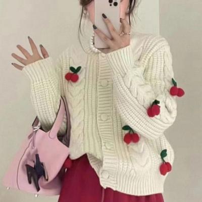 Damen Kurz Gestrickter Cardigan 2026 Winter Kirschenmuster Süß Lockerer Pullover