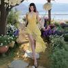 Pure Desire Spice Girl Seaside Photo Skirt Yellow Lace Neck Halter Front Short Rear Long Dress Atmosphere Island Skirt