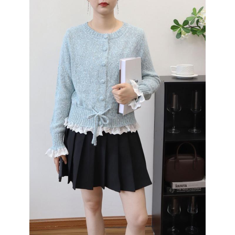 

Сладкий свитер-жакет с кружевной отделкой с оборками, осень-зима, новый вязаный кардиган на шнуровке на талии для женщин one size fits all