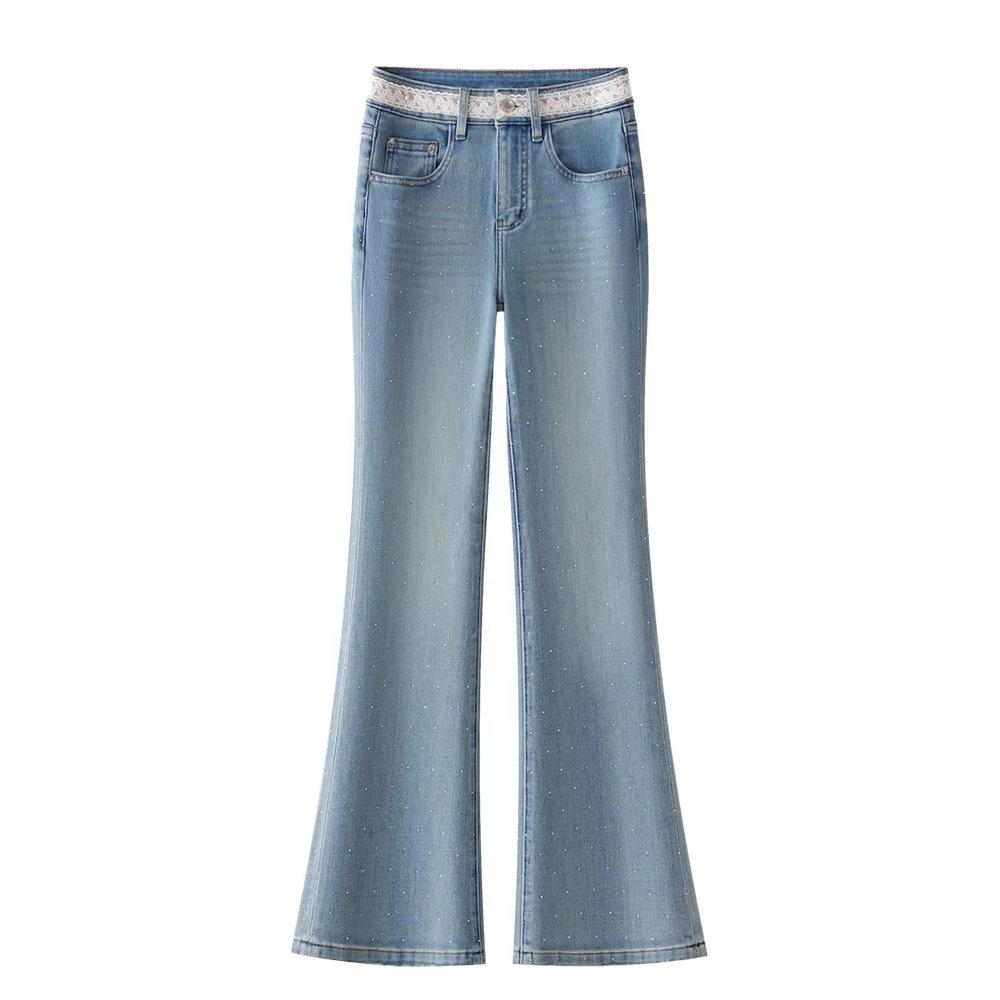 Light Color Rhinestone Lace Flared Jeans - Women's 2025 Retro Style