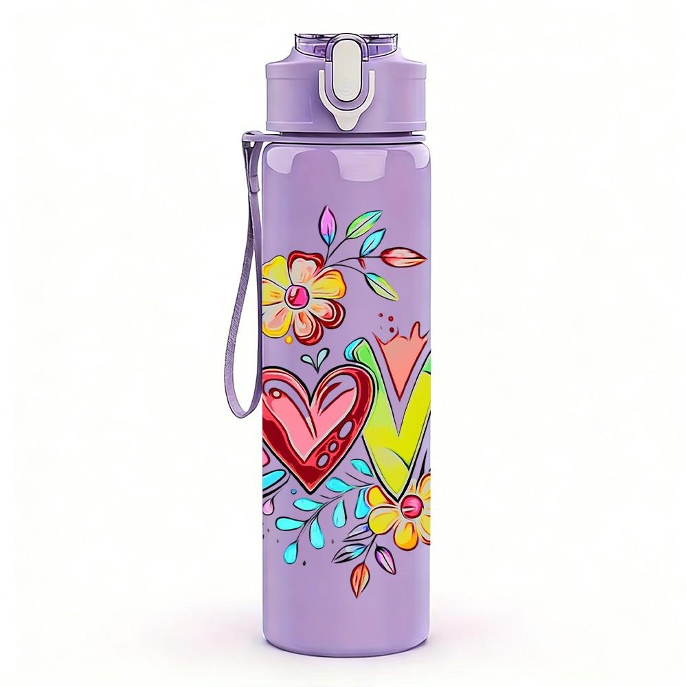 1PC Love Word Doodle Mixed Floral Decor Print 750ml Color Plastic Sports Water Bottle Leakproof Flip Straw Lid Suitable for Sports Office Home Use