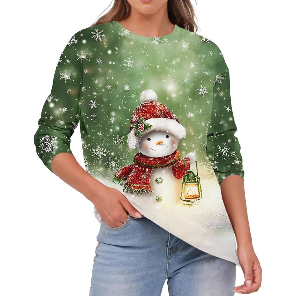 Women's Fashion Casual Christmas Print Round Neck Solid Color Long Sleeve Top