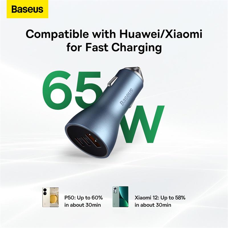 Baseus Golden Contactor Pro Triple Fast Charger 65W Dual Type-C + USB Car Charger