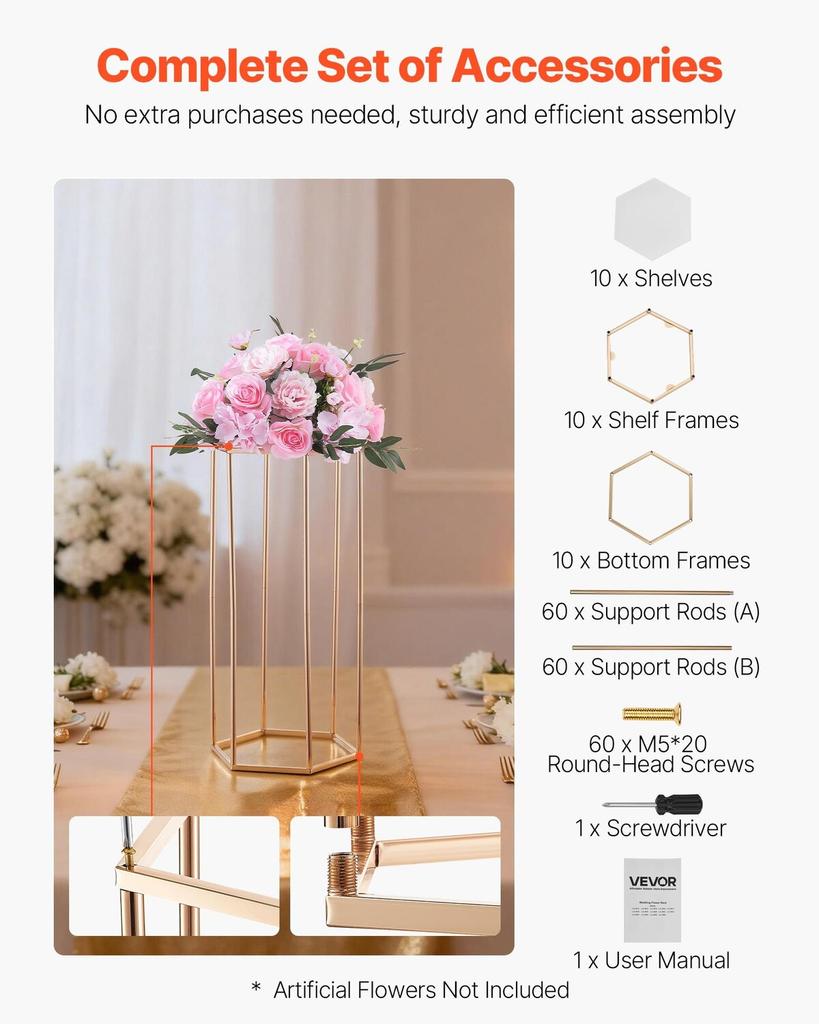 Wedding Flower Stand, 10PCS 60cm Column Flower Stand, Floral Stands with Acrylic Laminate, Hexagonal Cubic Floral Display Rack for Wedding, Party,
