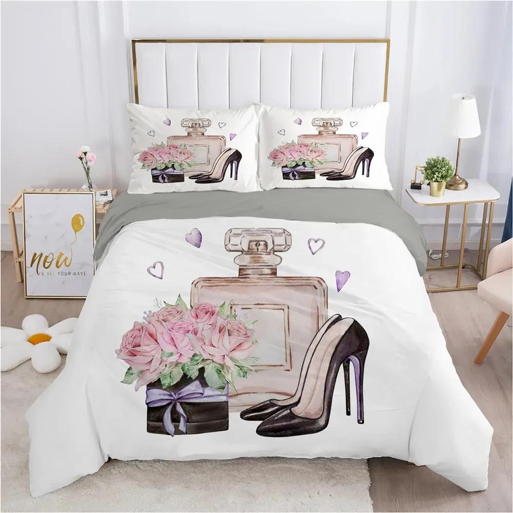 Perfume Floral Duvet Cover Set Pink Makeup Bedding Set with Pillowcase,Girls Women Romantic Fashion Gifts Comforter Cover Set
