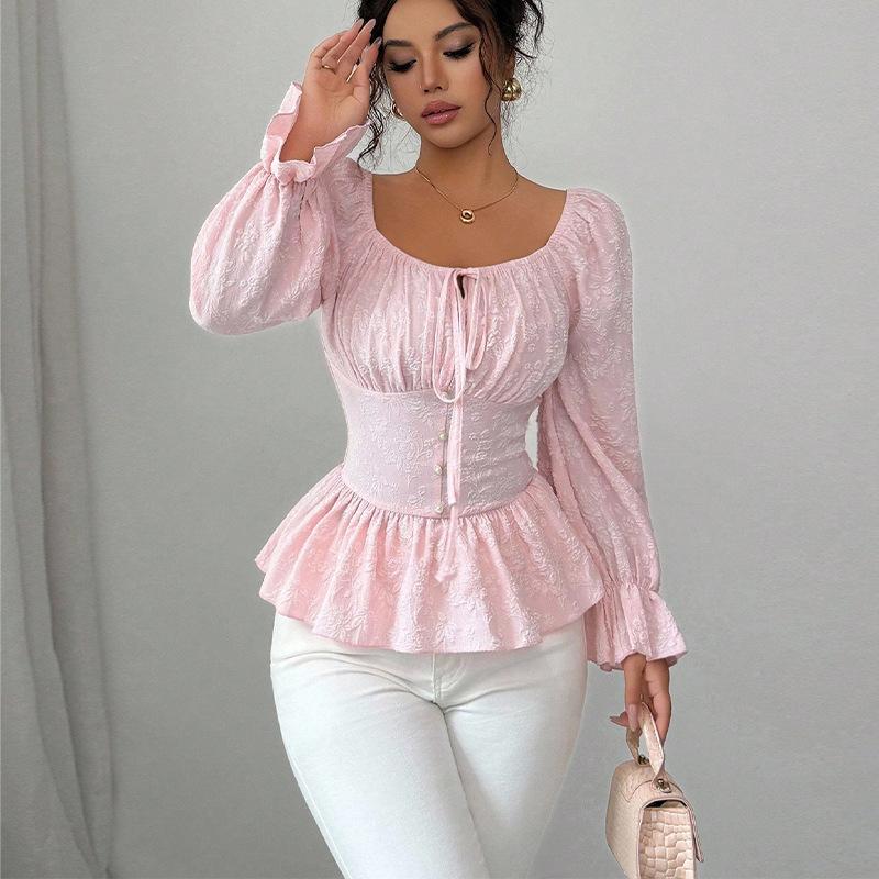 Camicia Design Francese Autunno Nuovo Scollo a U Allacciatura Manica Lunga Top