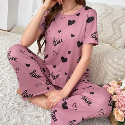 New Summer Women Pajamas Set Heart Print Pijamas O-neck Sleepwear Fashion Short Sleeves Long Pants Female Causal Pyjamas