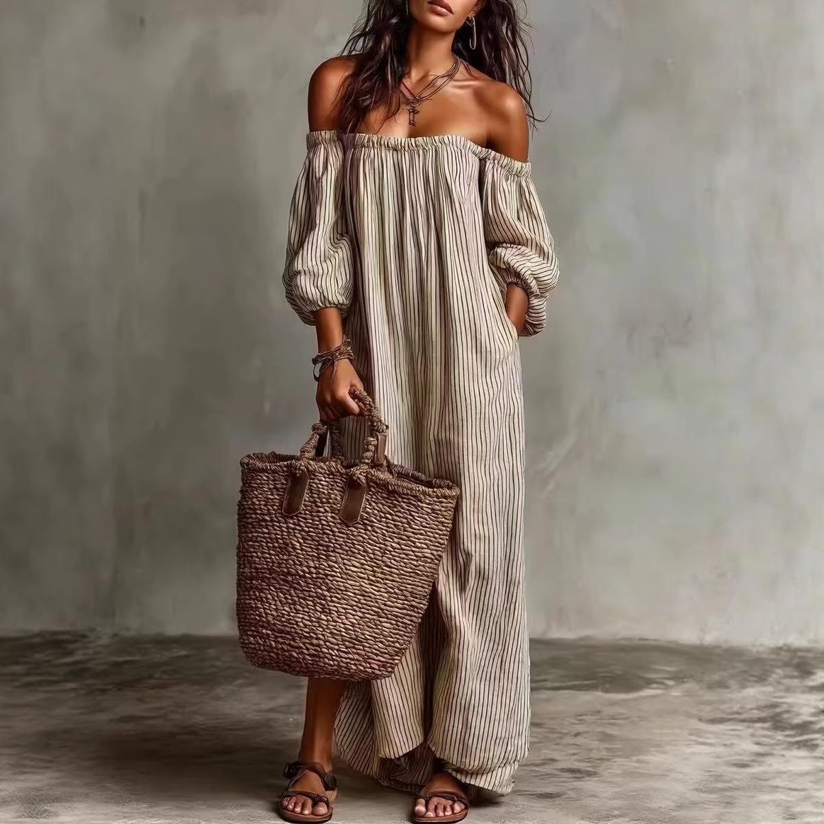 2026 European, American Amazon Independent Station Spring and Summer Women s Striped Shoulder Long Dress S