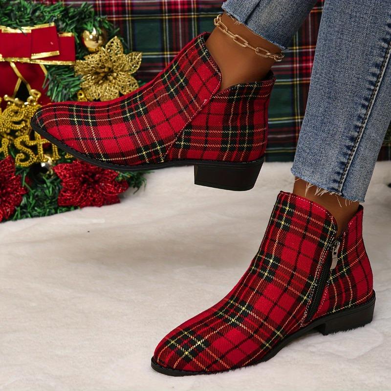 Christmas Style Chunky Low Heeled Ankle Boots - Women's Plaid Side Zipper Short Boots