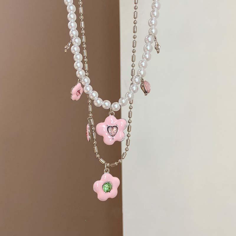 New Fashion Geometric Flower Colorful Diamond Double Layer Layered Necklace for Women