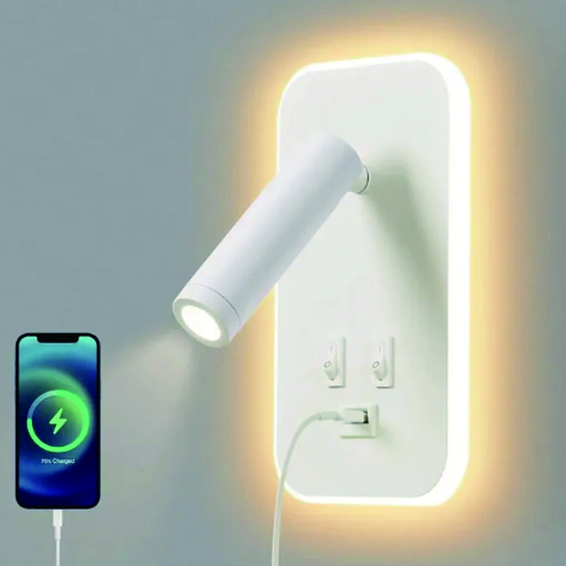 

Светодиодный минималистский настенный светильник с зарядкой через USB и двойным переключателем управления, головка лампы может вращаться на 330 ° для внутреннего освещения коридора у кровати Warm White (2700-3500K)&100-240V