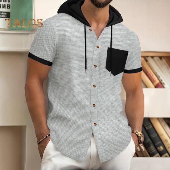 Men's Summer Hooded T-shirt Short Sleeved Button Down Tee with Chest Pocket Waffle Color Block Casual Hoodie T-shirt for Gym Street Wear