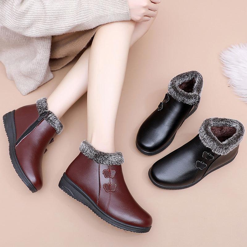 Elderly Cotton Shoes Velvet Warm Middle and Old Women's Shoes Short Boots Waterproof and Non-slip Flat Winter Shoes Leather Shoes