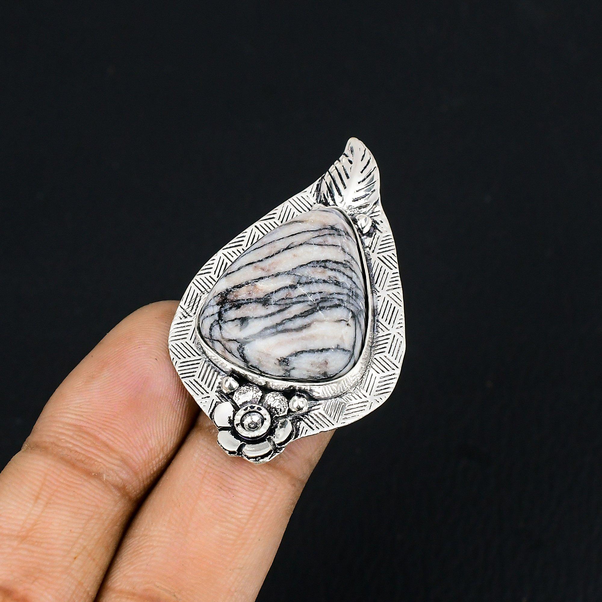 925 Silver Spider Web Jasper Stone Solitaire Flower Wedding Ring Jewelry Size 6 6