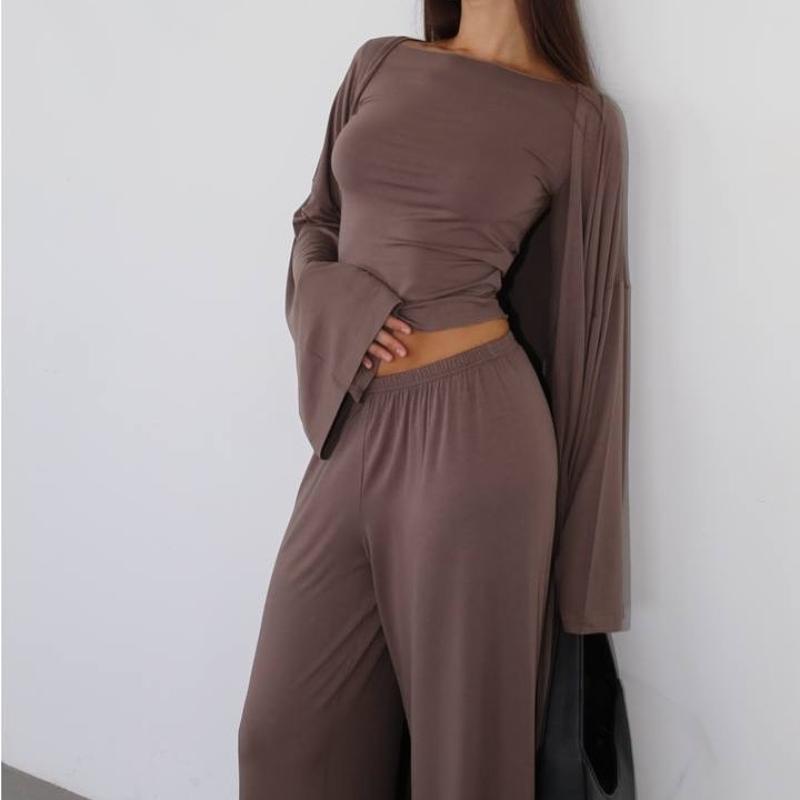 Spring and Summer Womens Casual Three-piece Suit, Long Cardigan, Long-sleeved Top, High-waisted Trousers, Fashion Suit