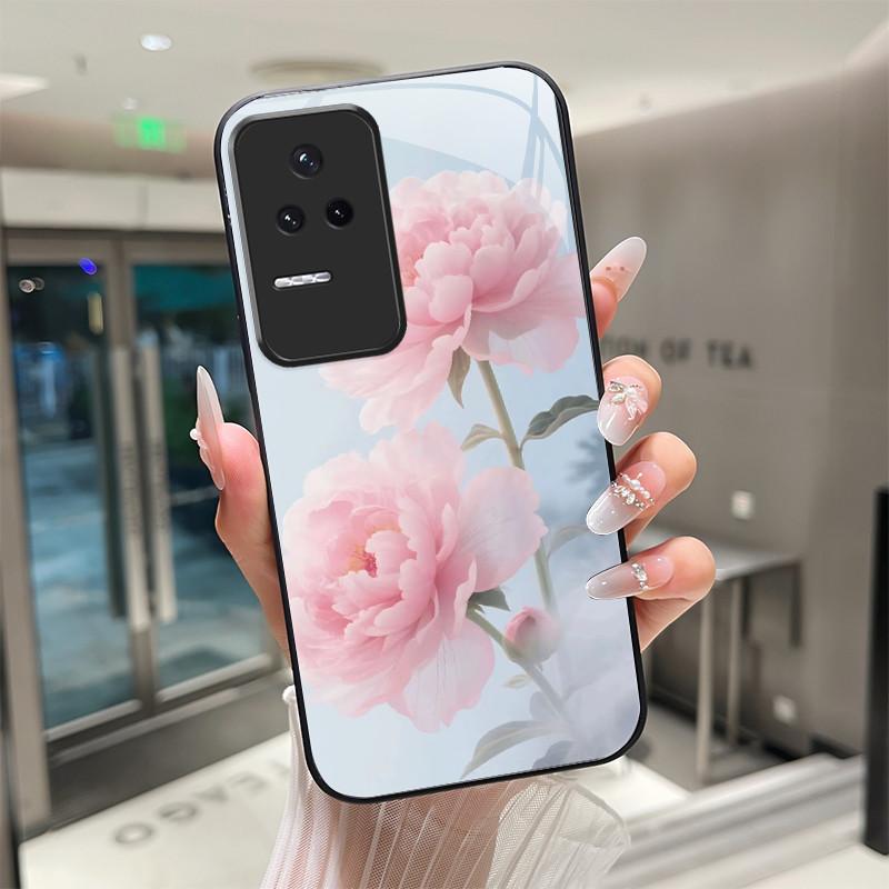 Beautiful Flower Cute Cats Case For Xiaomi Poco F4 5G / Redmi K40S Tempered Glass Phone Case Protective Back Cover Hard Shell