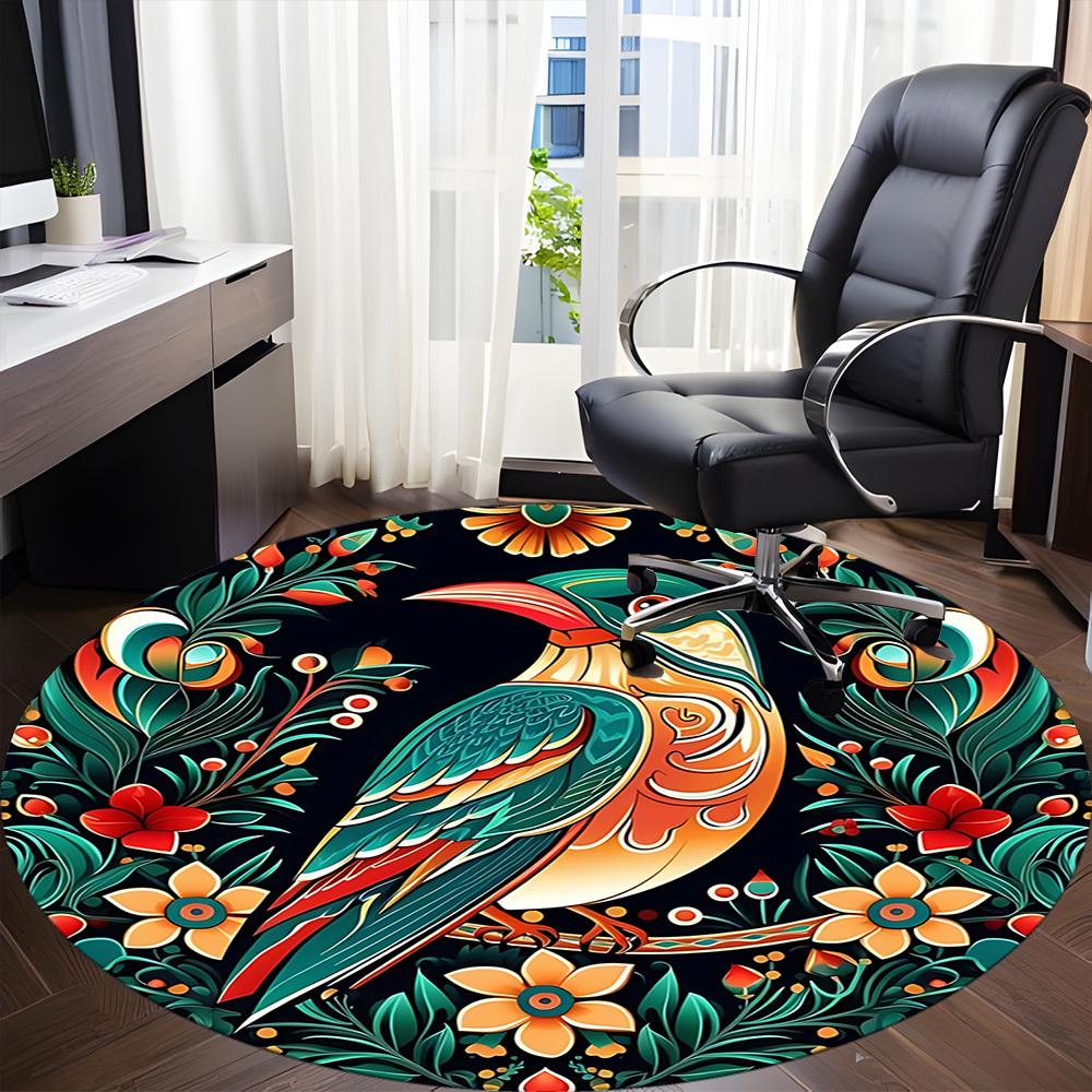 1PC Floral Bird Office Round Area Rug, Mat Suitable For Office, Under Office Chairs Bedroom Living Room Home Decor, Room Deco