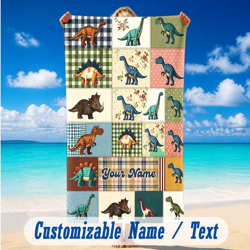Dinosaur Theme Beach Towel Personalized Custom Name & Text Soft Quick Dry Beach Towel for Swimming Travel