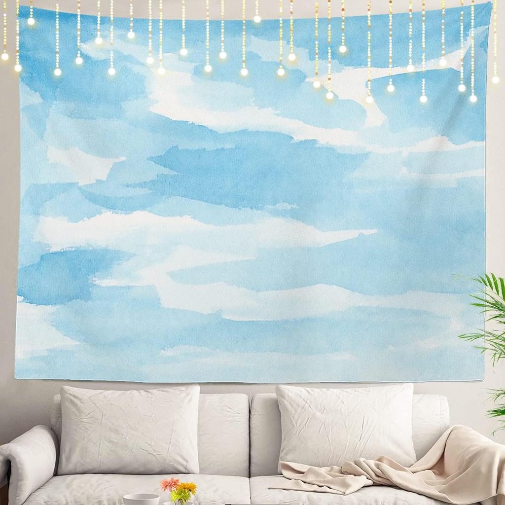 Navy Blue Watercolor Mountains Wall Tapestry, Sky Wall Hanging Large Tapestry Decoration Polyester Fiber White Hem Around for