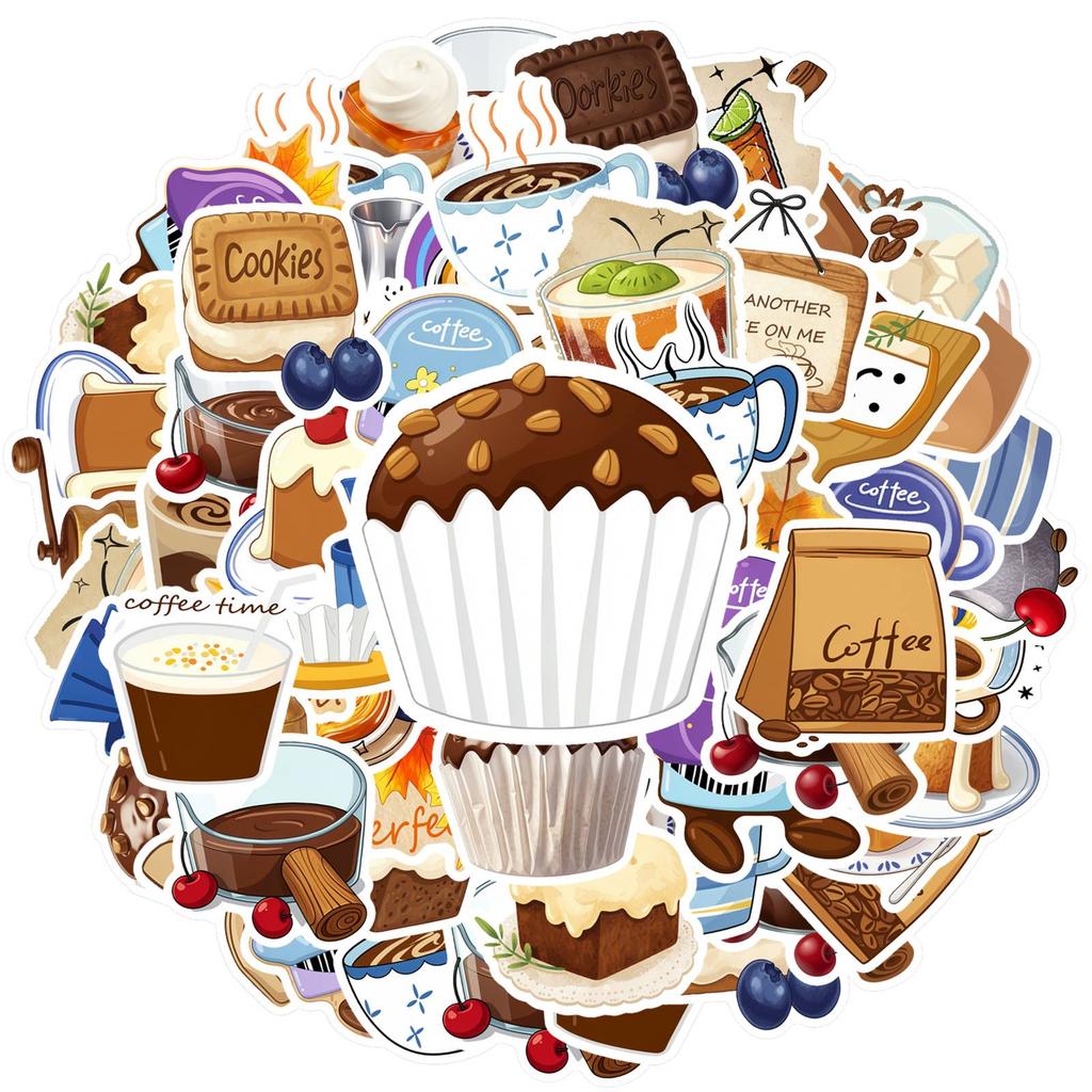 35pcs-50pcs Cute Dessert Stickers Whimsical Kitchen Coffee Stickers Stationery Stickers For Guitar Laptop Helmet Skateboard DIY