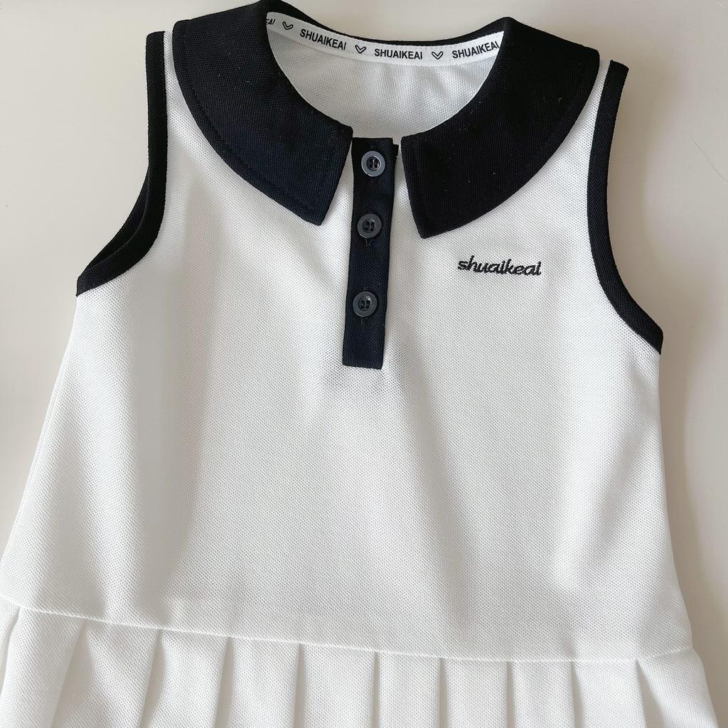 Summer Girls Sleeveless Polo Collar Pleated Dress Cute Preppy Princess Dress For Kids Casual Party Wear