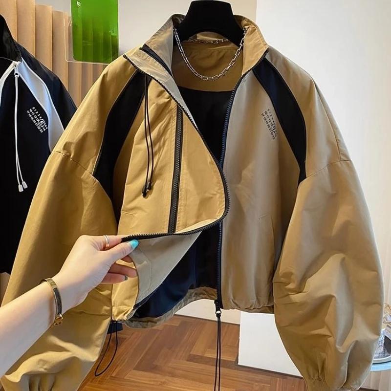 Korean Street Double Zipper Jackets for Women Autumn Stand Collar Coats Y2k Long Sleeve Loose Tops Mujer