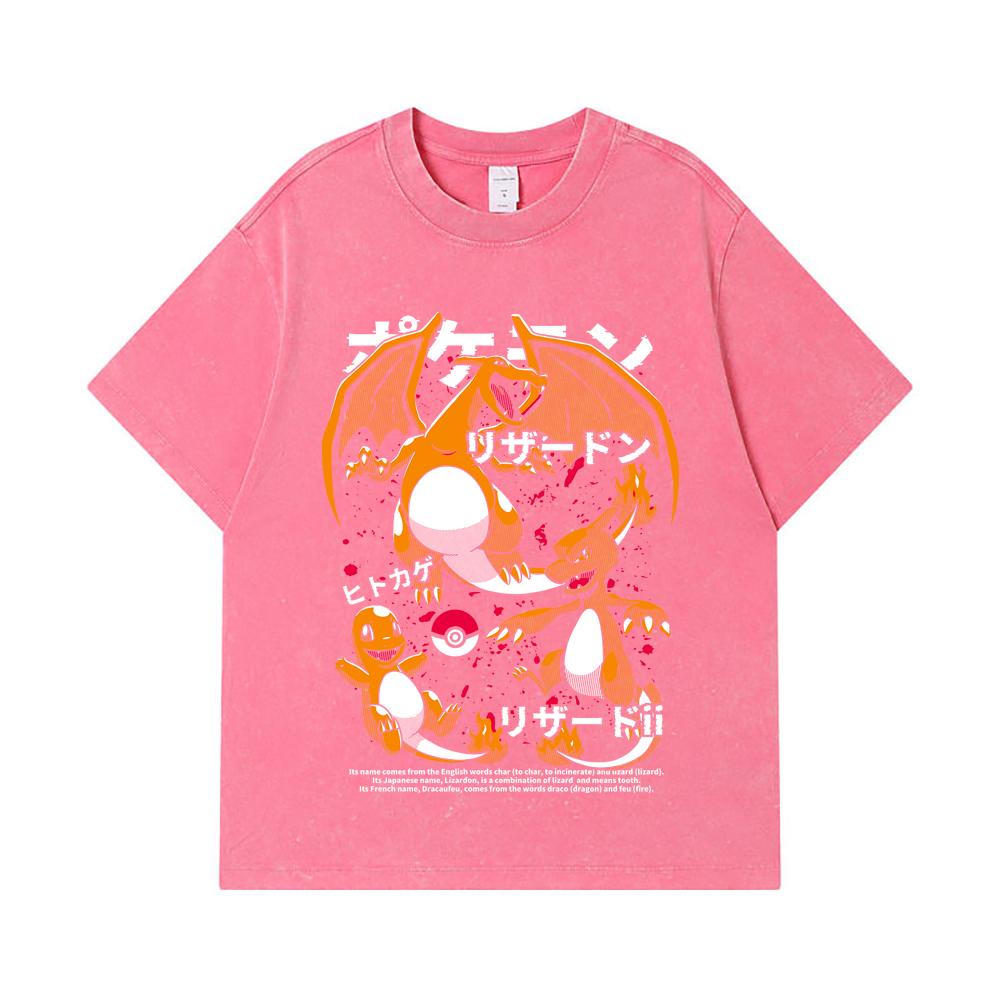 275 GSM Washed T-shirts 100% Cotton Pokemon V19 Charmander Print Unisex Heavy Cotton T Shirt