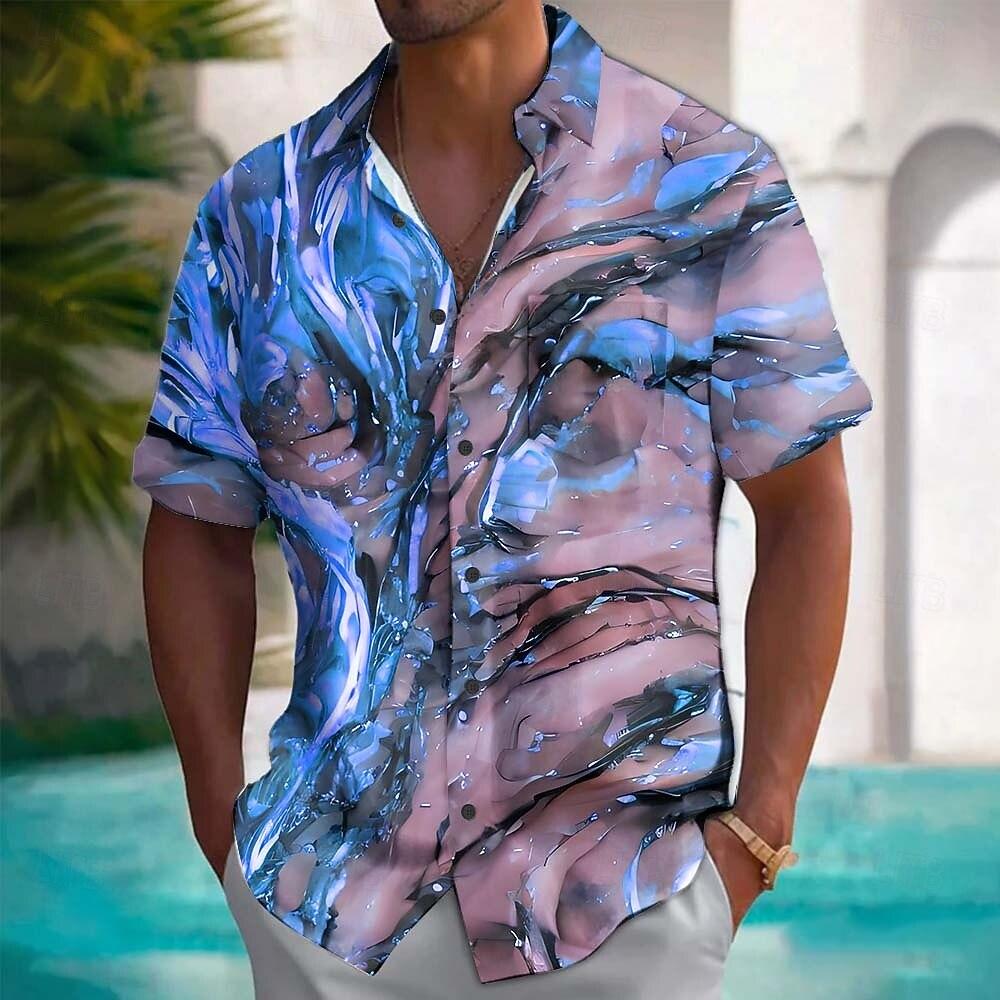 Men's Geometric Marble Abstract Liquid Art Shirt Summer Hawaiian Button Up Shirt Aloha Shirt Short Sleeve Front One Pocket