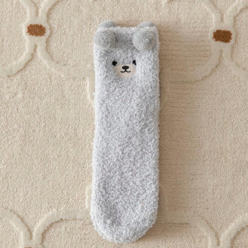 Japanese Coral Fleece Bear Cartoon Mid-Calf Socks - Autumn/Winter, Non-Shedding Sleep Socks