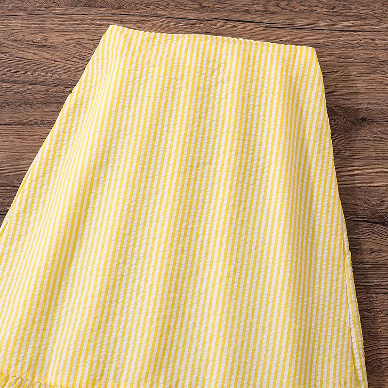 Girls' Big Children's Suit Children's Wear Autumn New Casual Striped V-Neck Lace Long Sleeve Short Top Skirt