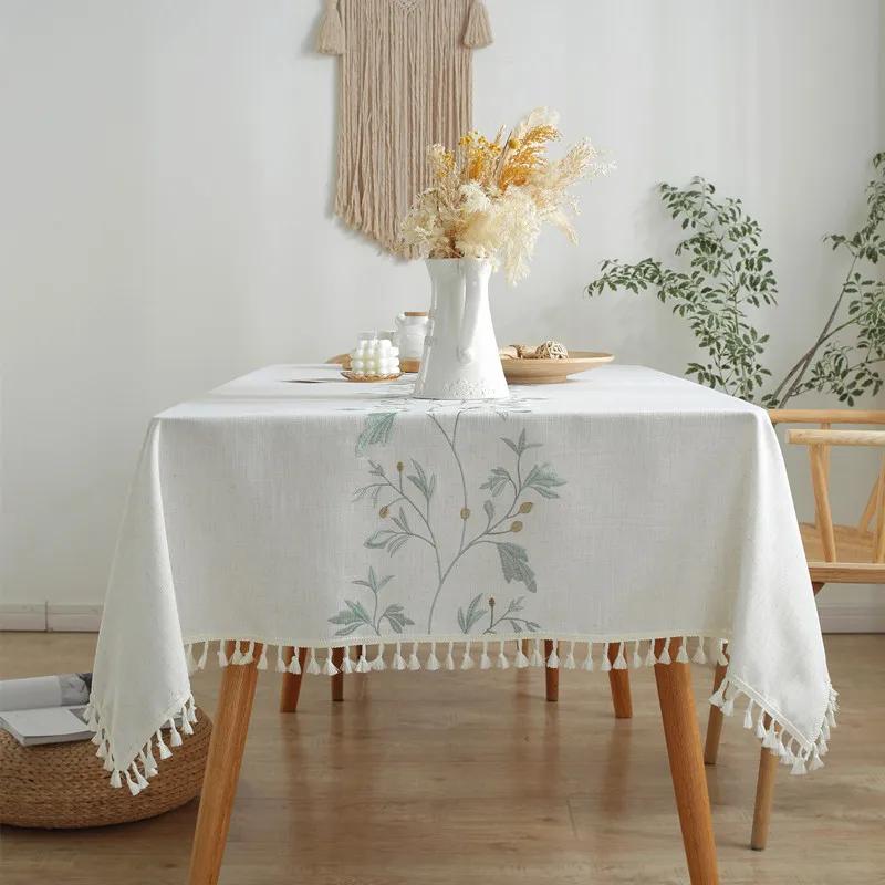 Embroidered Cotton Linen Floral Tassel Table Cloth Rectangular Tablecloth for Home Party Wedding Dining Decor Talbe Cover