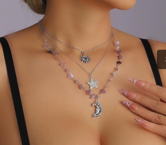 Layered Necklace with Amethyst Stones Moon Sun Star Pendant Multi Strand Chain Jewelry for Women One Size