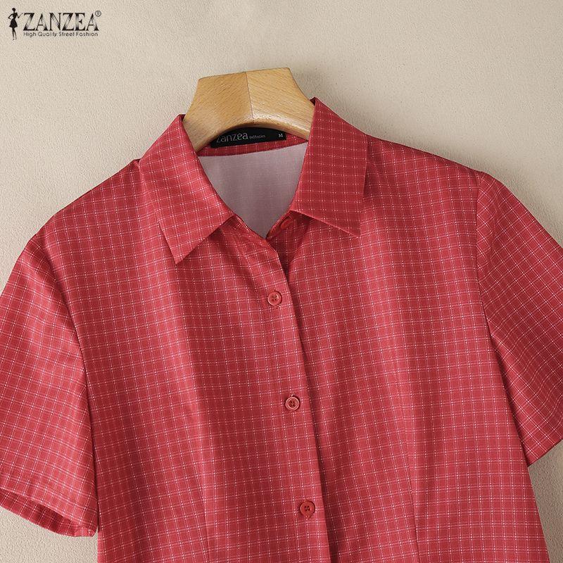 ZANZEA Women Casual Turn Down Collar Short Sleeve Grid Print Blouse