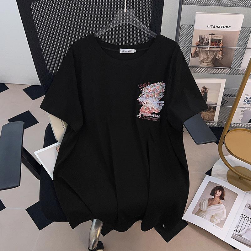 Plus Size Mid-Length Loose Slimming Round Neck Short Sleeve T-shirt for Women (200/300/350 Jin)