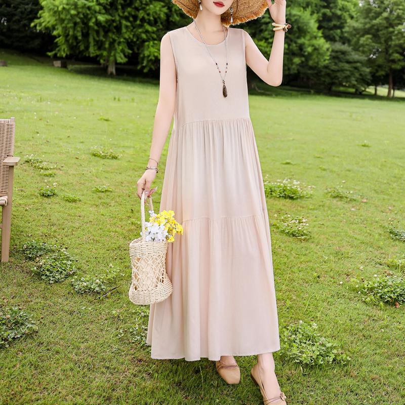 Elegant Sleeveless Dress for Women Plus Size Short Sleeve Vintage Print Long Dress Summer Casual Middle-aged Women's Clothing