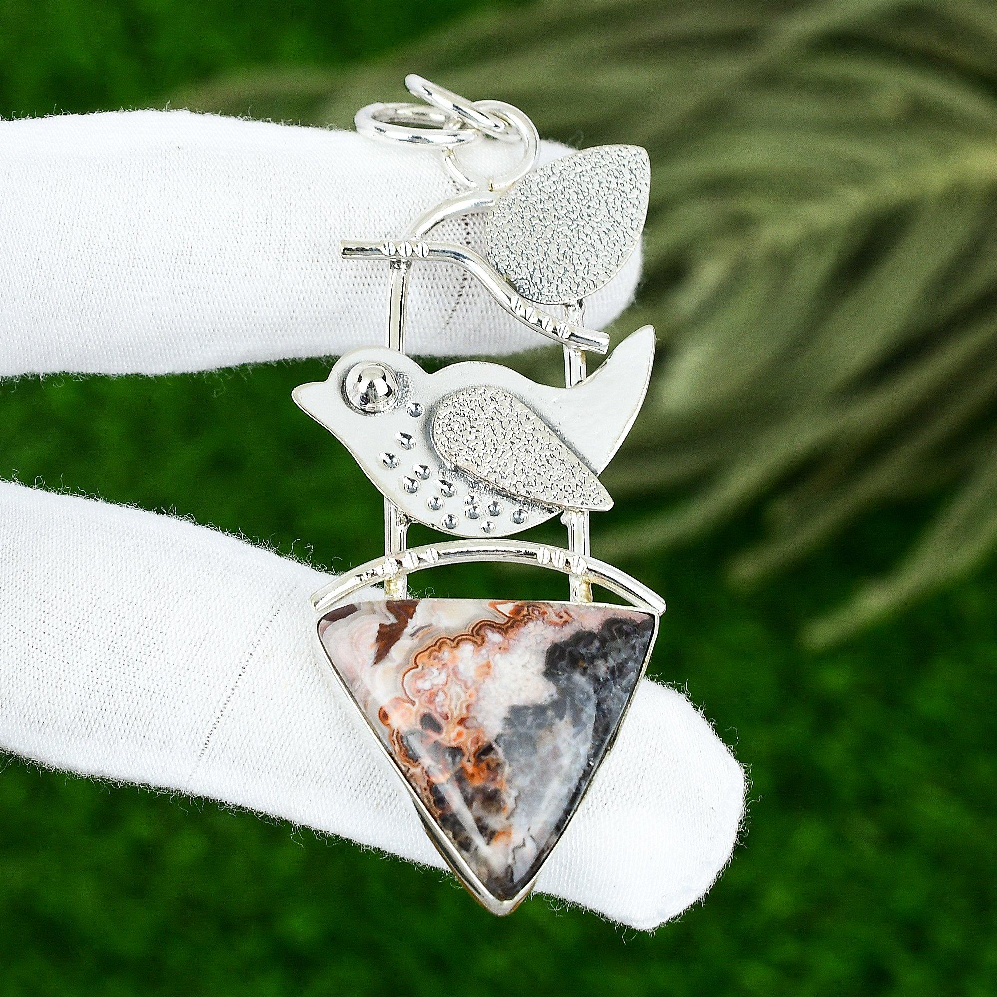 Mexican Laguna Lace Agate Gemstone Unique Elegant Pendant 925 Sterling Silver