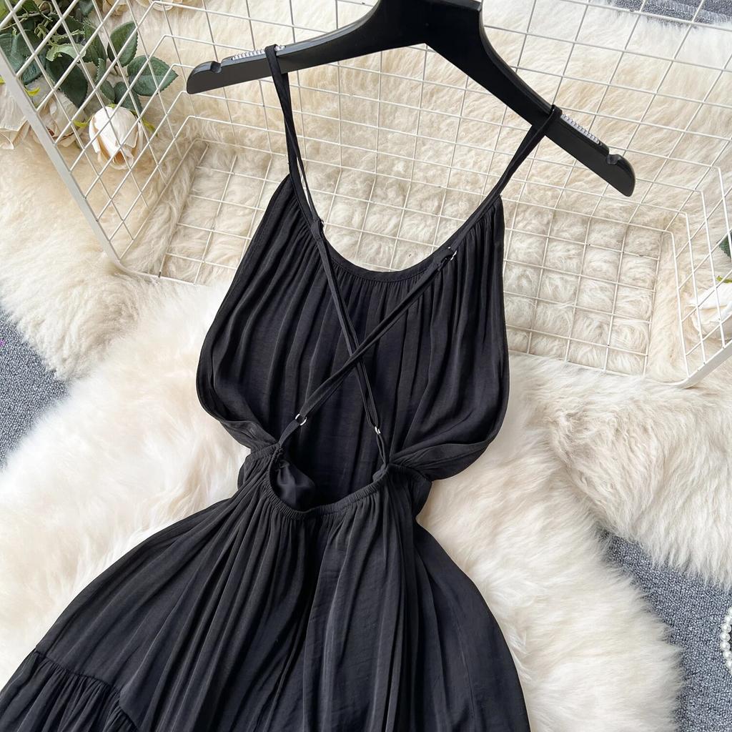Sexy Backless Sling Skirts High Sense Vacation Wear Waist Hugging Slimming Mopping Floor Long dress Seaside Beach dress