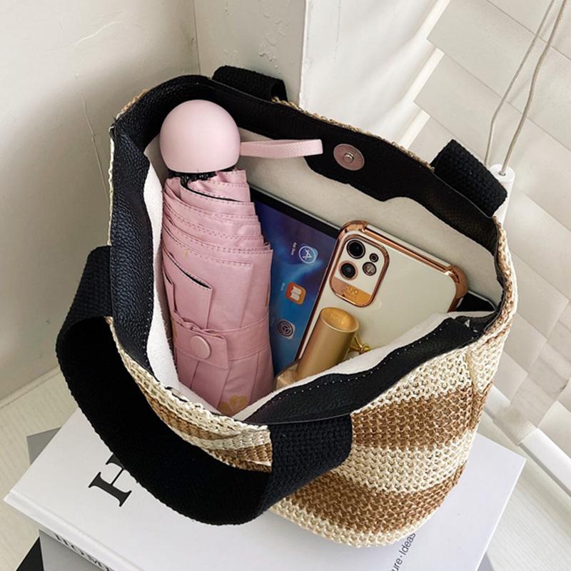 Summer Stripe Straw Bag Dam Casual Liten Väven Handväska Stor kapacitet Handgjord Strandrotting Tygväska