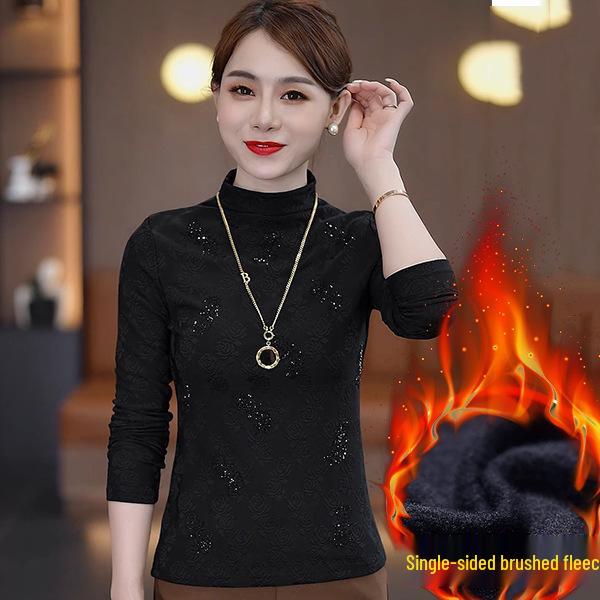 2024 Herbst/Winter Damenbluse mit halbhohem Kragen aus gestricktem, angerautem Stoff und Strassverzierungen