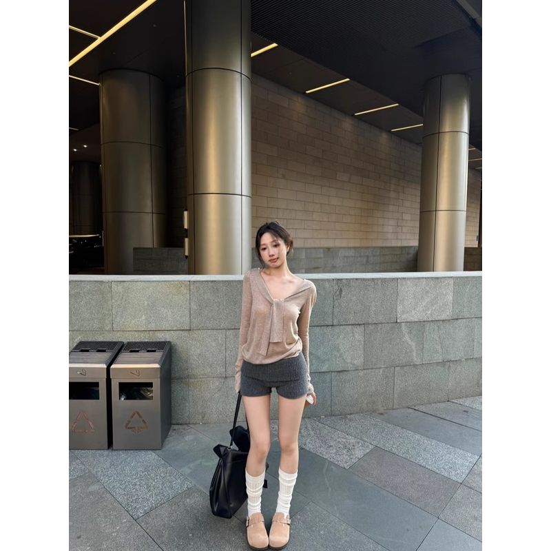 Kumikumi Pure Desire Set Lace-up Temperament Long sleeve Knit Women Autumn High Waist Slimming Casual Pants Two-piece Set