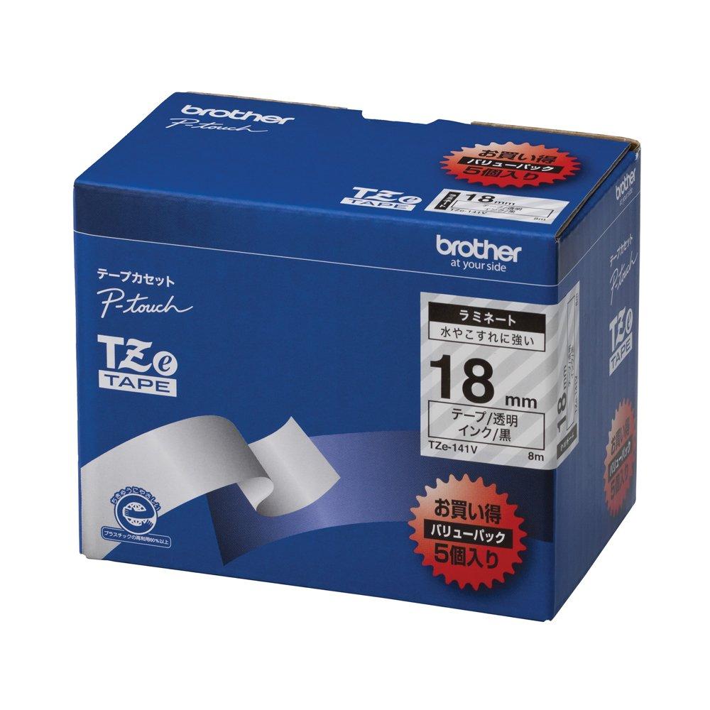 

Brother Industries TZe Tape Laminated Tape 18mm 5 Pack (Transparent/Black) TZe-141V