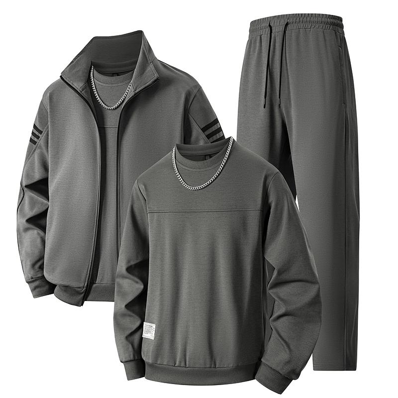 Men's Sporty Set Sweatshirt Jacket Running Casual Three-Piece Loose Oversized Round Neck Set