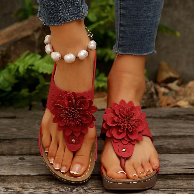 Flower platform flip-flops women's new summer fashion casual wedge heel pinch foot platform beach shoes