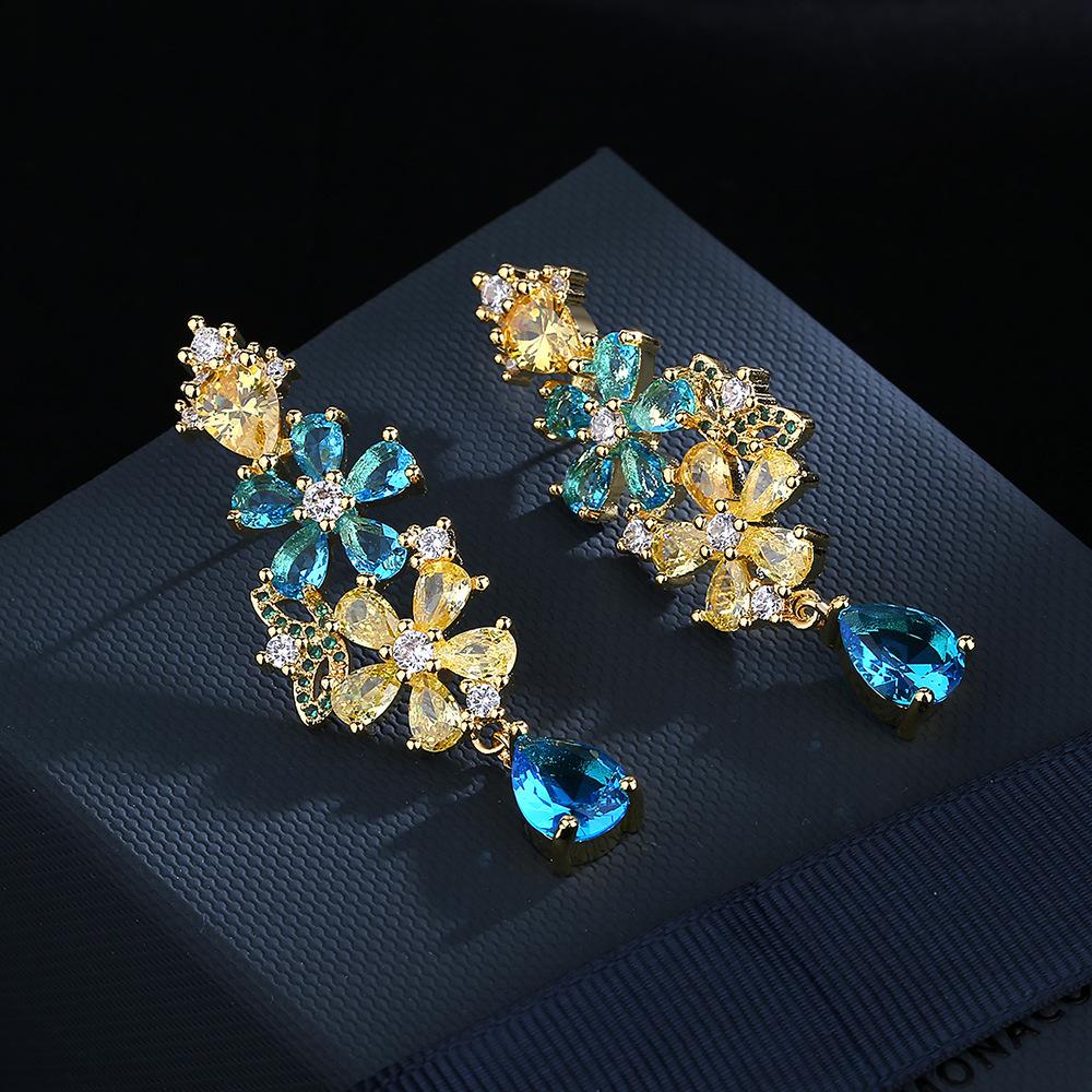 Bohemian colorful zircon flower earrings  silver needle fashion heavy industry new personality earrings female