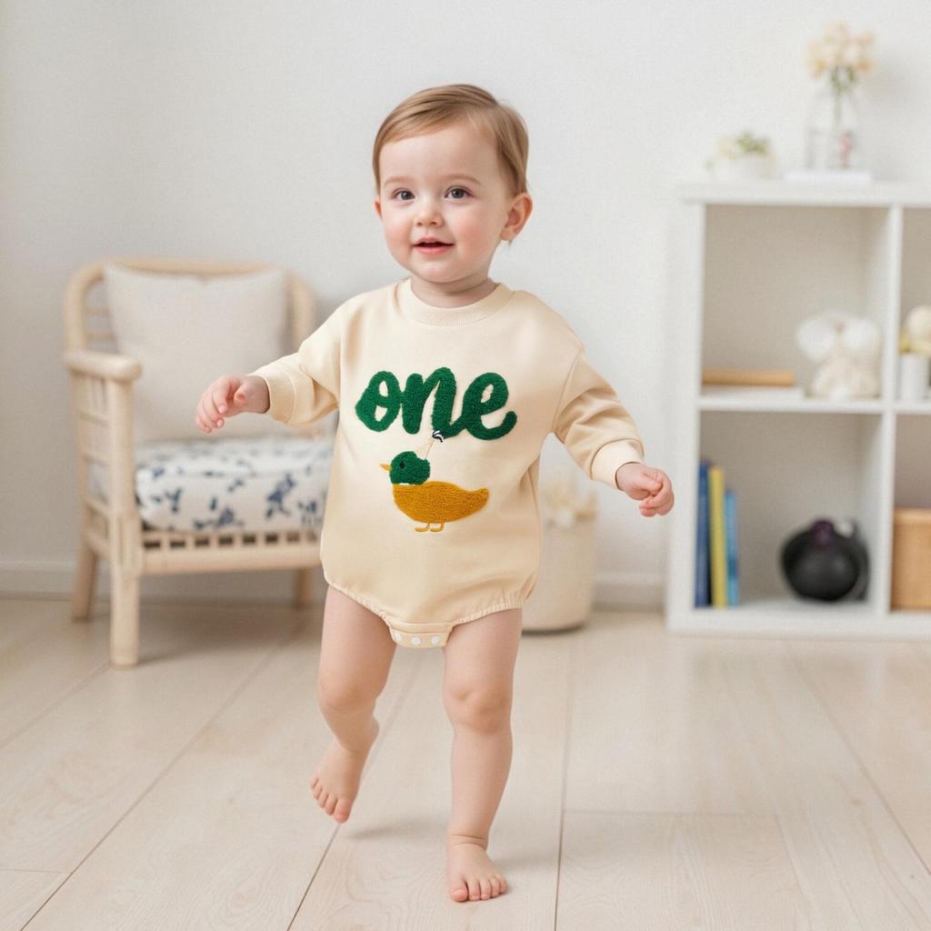 Tuta con Anatra Ricamata a Maniche Lunghe per Neonati e Bambini Piccoli per Autunno e Primavera