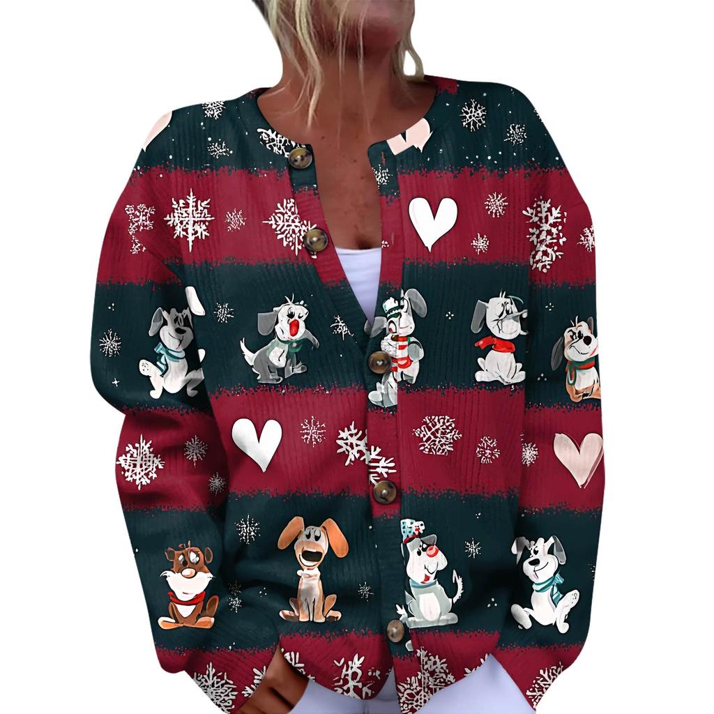 Women's Fashion Christmas Printed Long Sleeve Knitted Cardigan Button Down Jacket