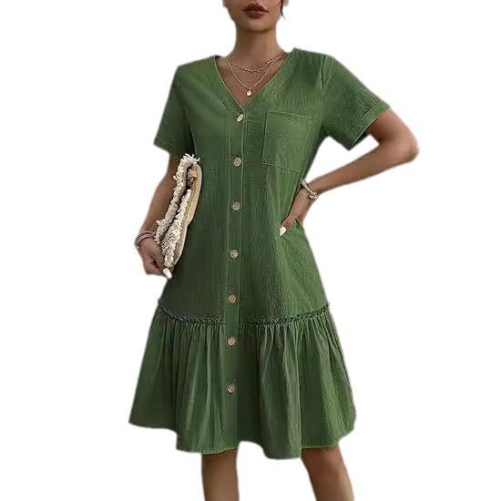 Women's Summer 2025 Casual Ruffle Hem Pocket Dress with Short Sleeves