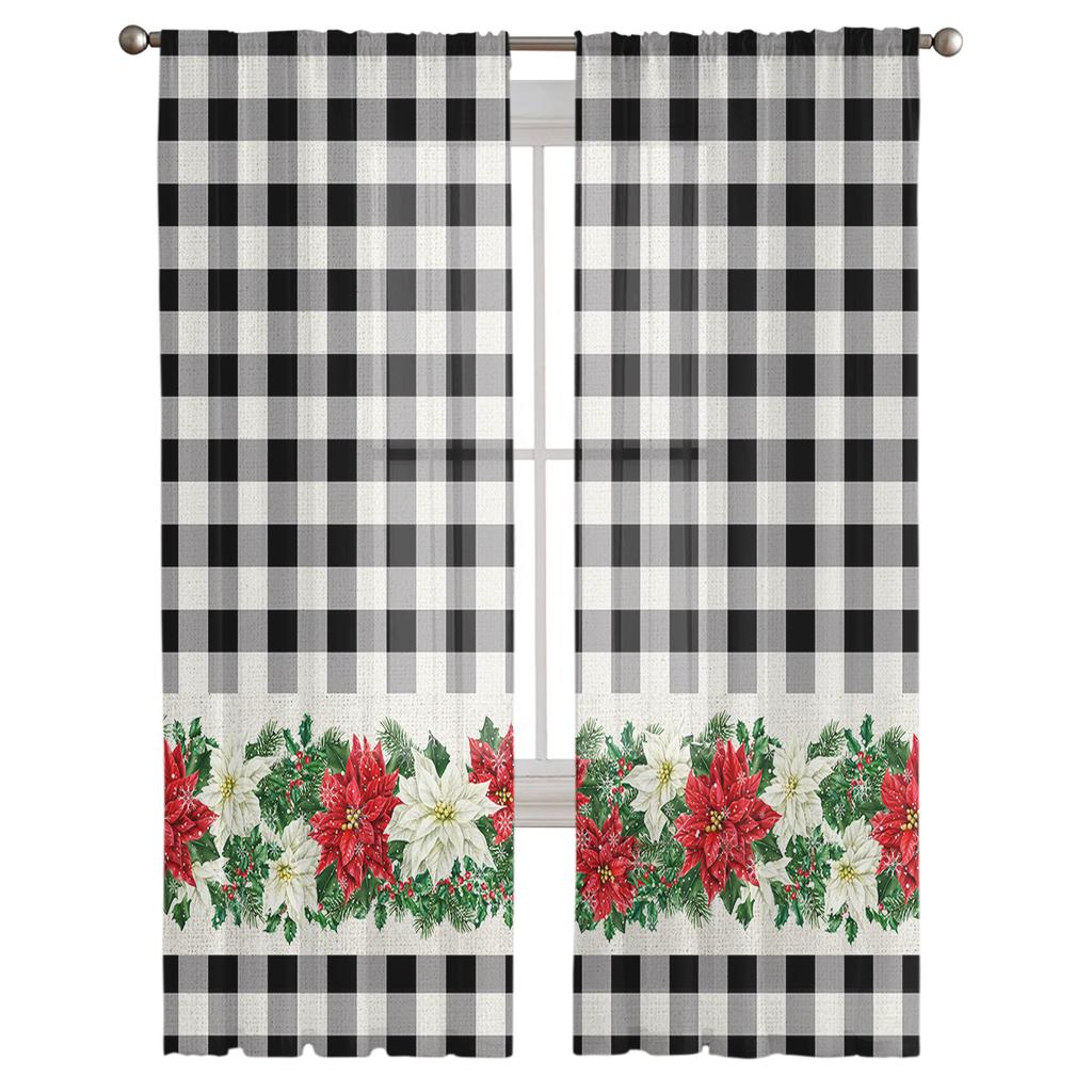 Christmas Poinsettia Berries Sheer Curtains For Kids Bedroom Living Room Voile Curtains Xmas Kitchen Tulle Curtain