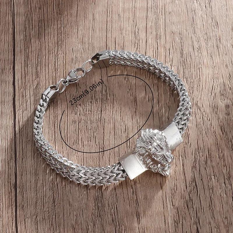 Domineering Lion Head Animal Bracelet Men\'s Stainless Steel Braided Chain Wristband Bracelet Hip Hop Jewelry
