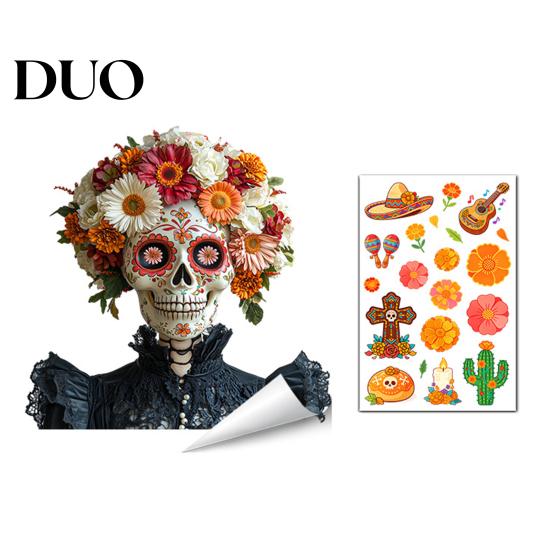 Easy Install Window Pavement Day of The Dead Clings, Halloween Double-Sided Skull Sticker, Ethnic Pattern Wall Art Colorful Flower Skeleton